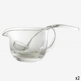 SMALL GLASS GRAVY BOAT WITH SPOO