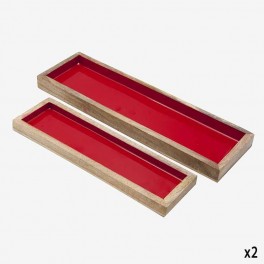 S/2 NARR WOODEN TRAY RED ENAMEL