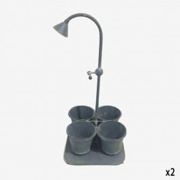 GRAY METAL STAND 4 PLANTERS AND 